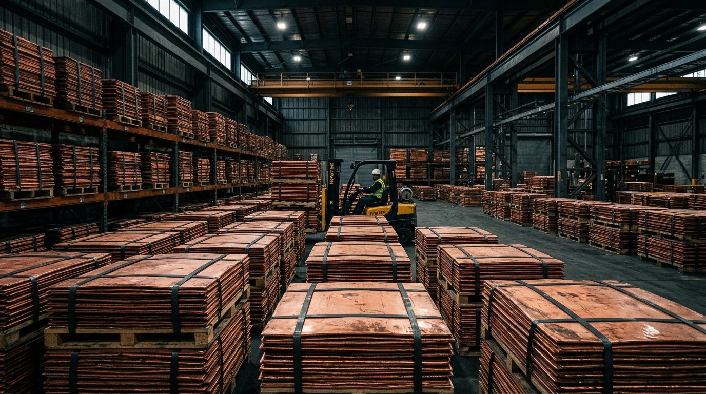 Industrial copper cathode sheets stacked in warehouse