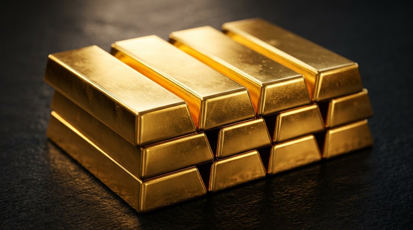 Pure gold bullion bars stacked with warm reflective lighting