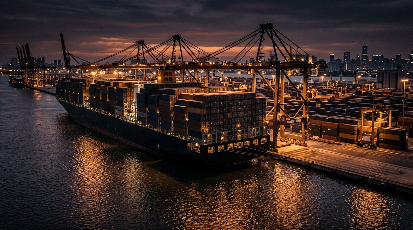 Global commodity logistics port at twilight
